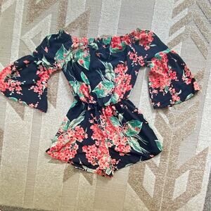 iJoah Black Floral Off-Shoulder Bell Sleeve Romper Elastic Waist Size S
